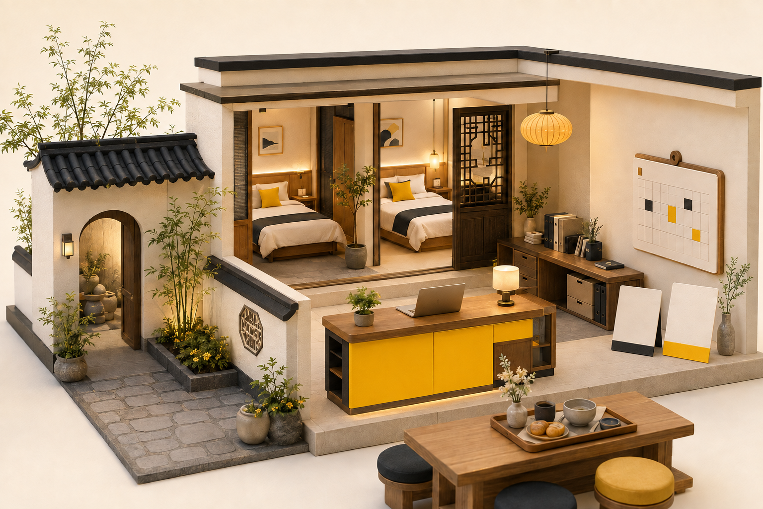 OpenLX酒店运营概念图：客房、前台与经营工作台